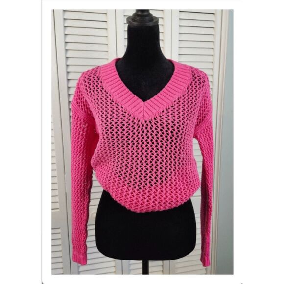Talbots Mesh Sweater Small PETITE Hot Pink Pullover Beachy Sheer Crochet Cover - Picture 6 of 10